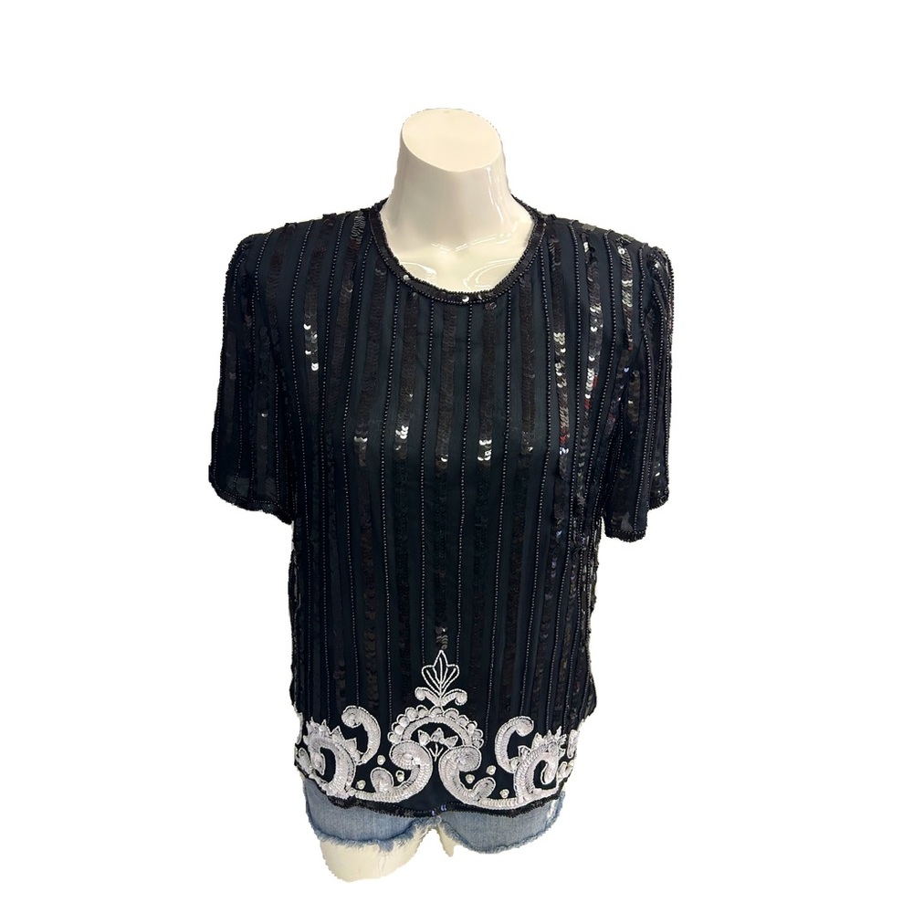 VINTAGE 80s STENAY BLACK SILK SEQUINNED BEADED SHORT SLEEVES TOP IN MEDIUM